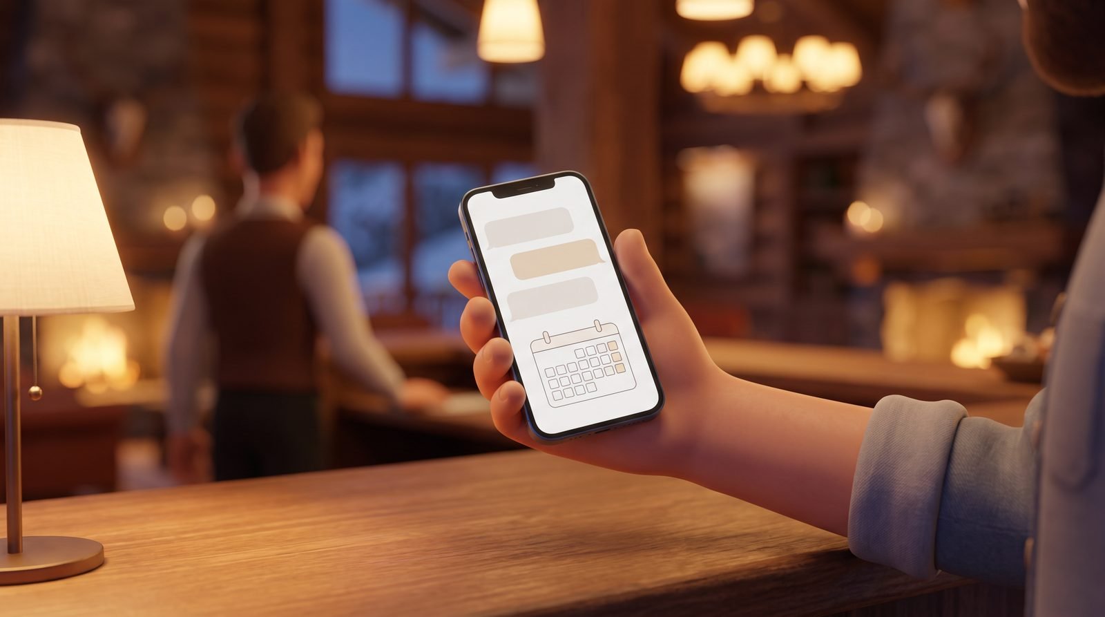 Hóspede com o celular numa recepção de hotel de serra à noite, conversa e calendário na tela